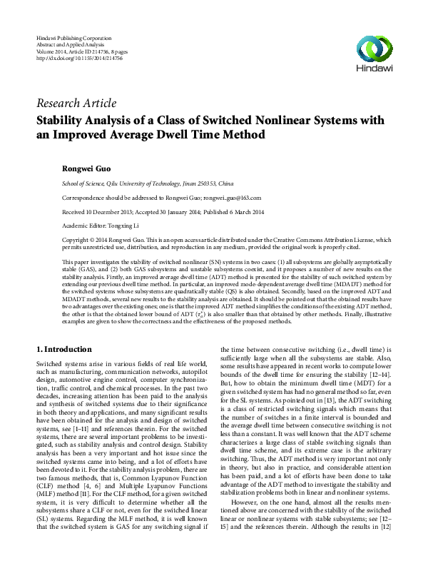 (PDF) Stability Analysis of a Class of Switched Nonlinear Systems with ...