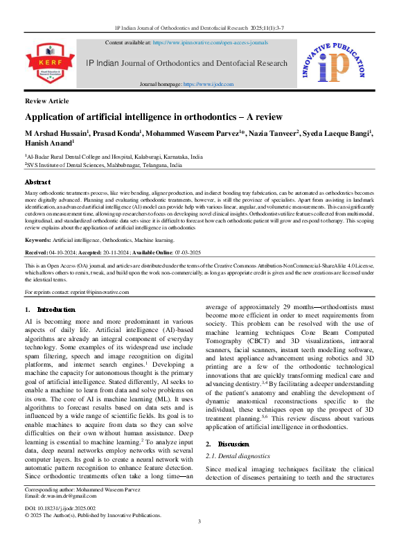 (PDF) Application of artificial intelligence in orthodontics -A review