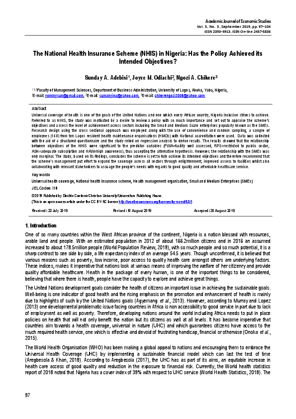 (PDF) The National Health Insurance Scheme (NHIS) in Nigeria: Has the ...