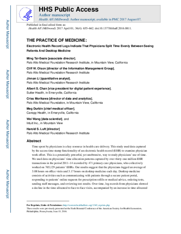 (PDF) Electronic Health Record Logs Indicate That Physicians Split Time ...