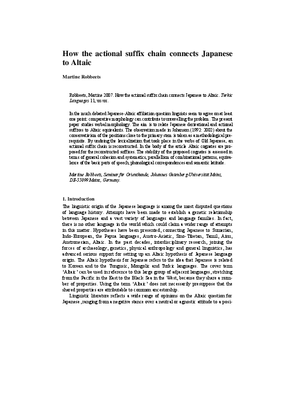 (PDF) How the actional suffix chain connects Japanese to Altaic