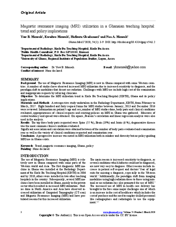 (PDF) Magnetic Resonance Imaging (MRI) Utilization in a Ghanaian ...