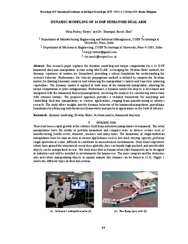 (PDF) Dynamic modeling of 14 DOF Humanoid dual arm