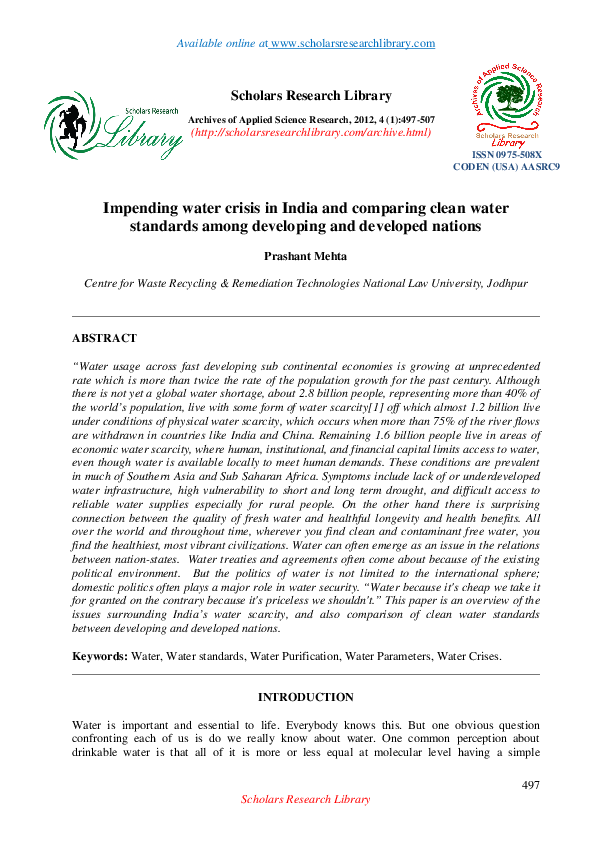 (PDF) Impending water crisis in India and comparing clean water ...