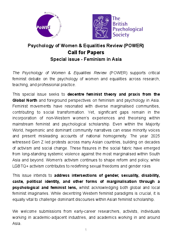 (PDF) Call for Papers: Special issue - Feminism in Asia (Psychology of ...