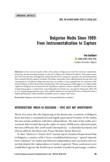 (PDF) Bulgarian Media Since 1989: From Instrumentalization to Capture
