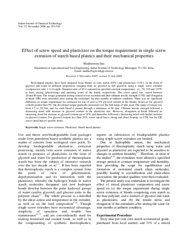 (PDF) Effect of screw speed and plasticizer on the torque requirement ...