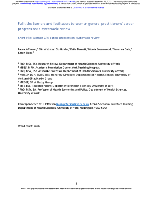 (PDF) Barriers and facilitators to women general practitioners’ career ...