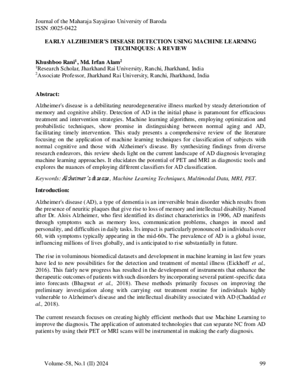 (PDF) EARLY ALZHEIMER'S DISEASE DETECTION USING MACHINE LEARNING ...
