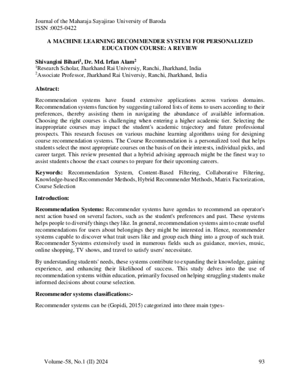 (PDF) A MACHINE LEARNING RECOMMENDER SYSTEM FOR PERSONALIZED EDUCATION ...