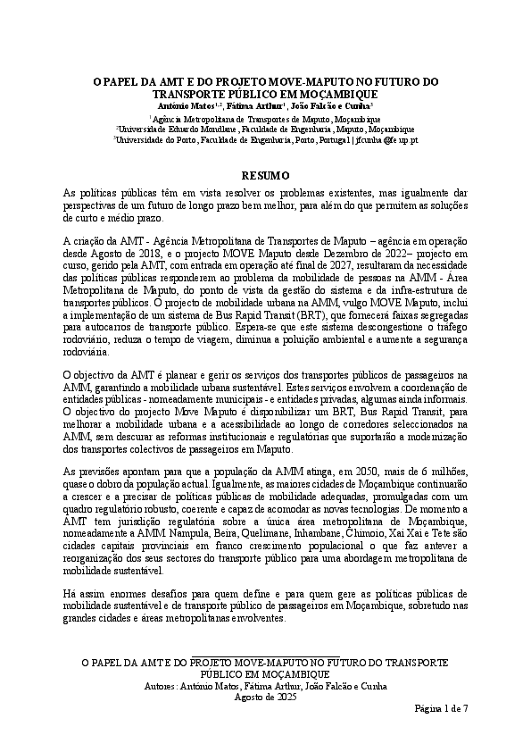 (PDF) O PAPEL DA AMT E DO PROJETO MOVE-MAPUTO NO FUTURO DO TRANSPORTE ...
