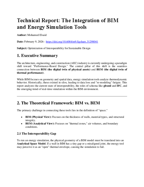 (PDF) Technical Report: The Integration of BIM and Energy Simulation Tools
