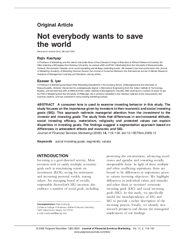 (PDF) Not everybody wants to save the world
