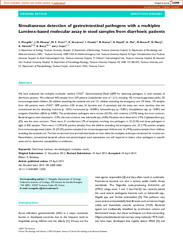 (PDF) Simultaneous detection of gastrointestinal pathogens with a ...