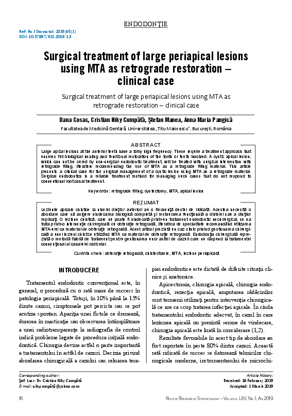 (PDF) Surgical treatment of large periapical lesions using MTA as ...