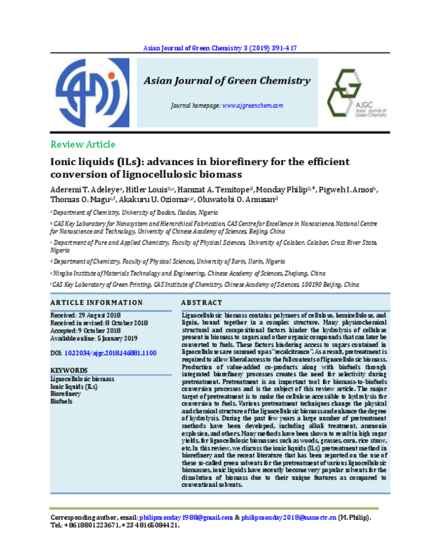 (PDF) Ionic liquids (ILs): advances in biorefinery for the efficient ...