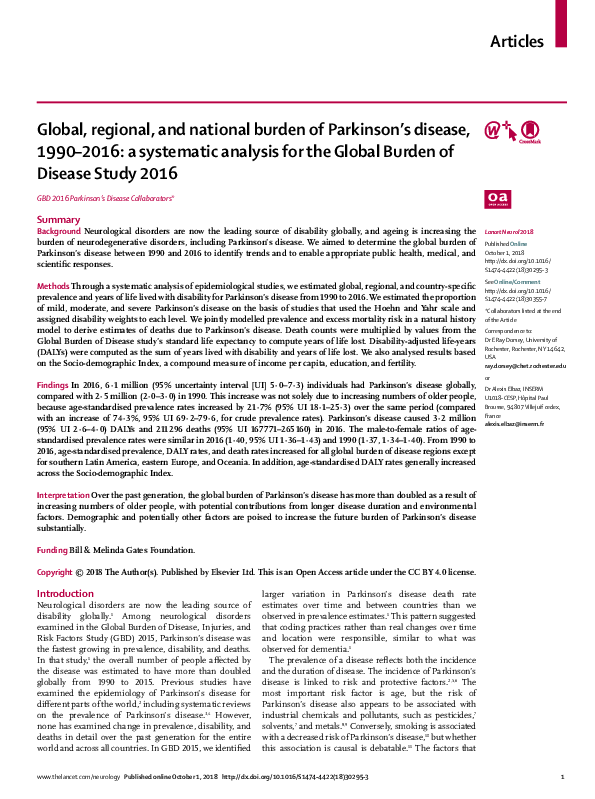 (PDF) Global, regional, and national burden of Parkinson's disease ...