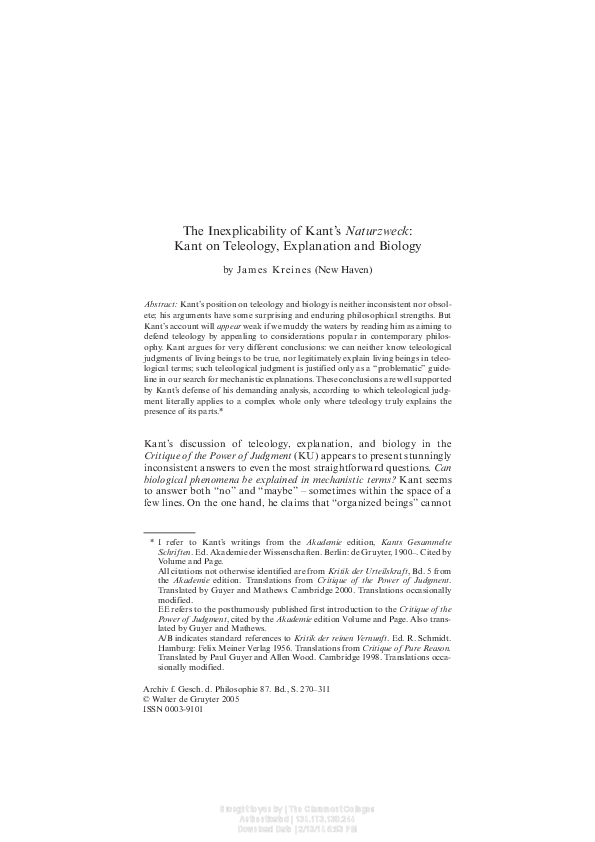 (PDF) The Inexplicability of Kant’s Naturzweck: Kant on Teleology ...