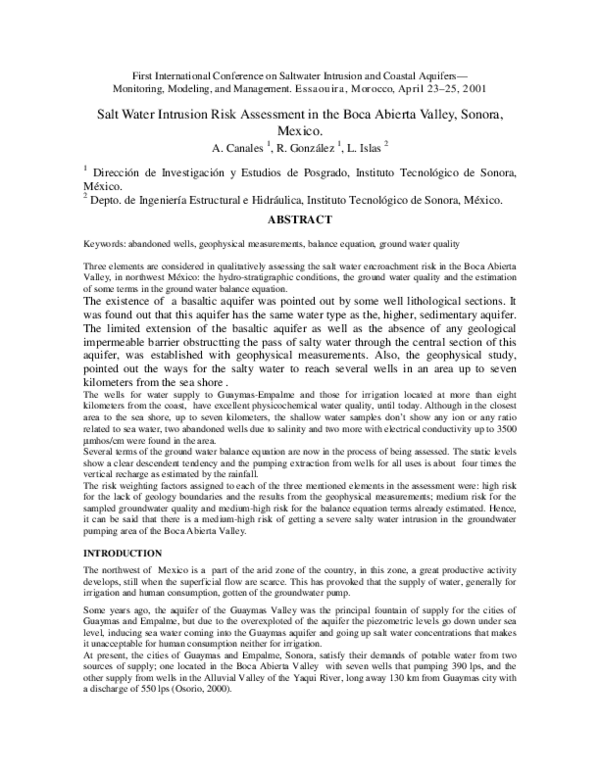 (PDF) Salt Water Intrusion Risk Assessment in the Boca Abierta Valley ...