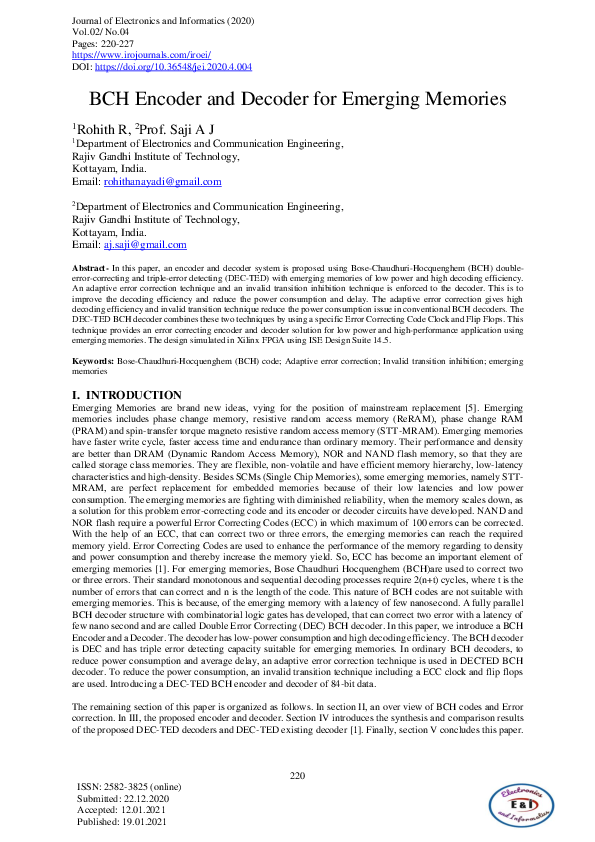 (PDF) BCH Encoder and Decoder for Emerging Memories