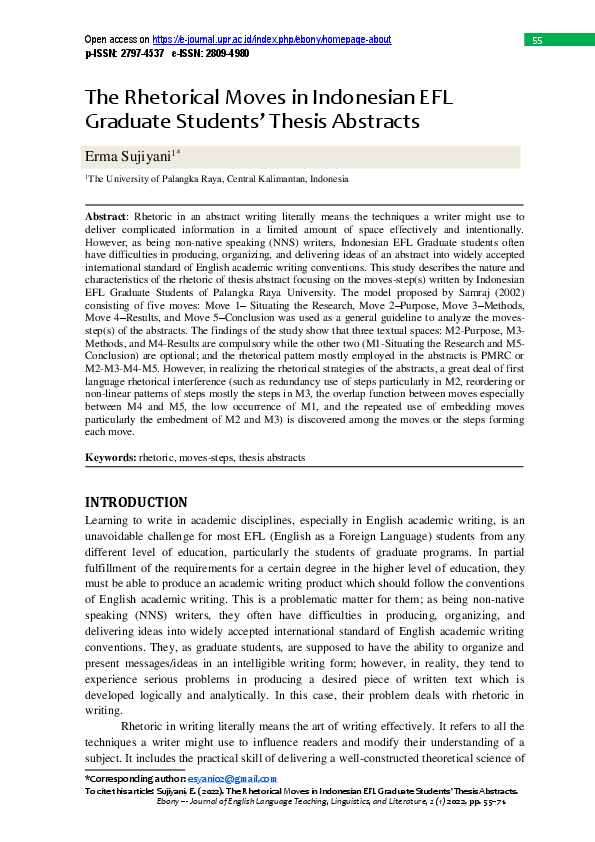 (PDF) The Rhetorical Moves in Indonesian EFL Graduate Students’ Thesis ...