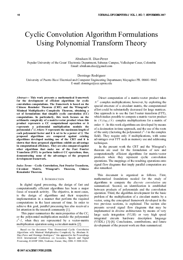 (PDF) Cyclic Convolution Algorithm Formulations Using Polynomial ...