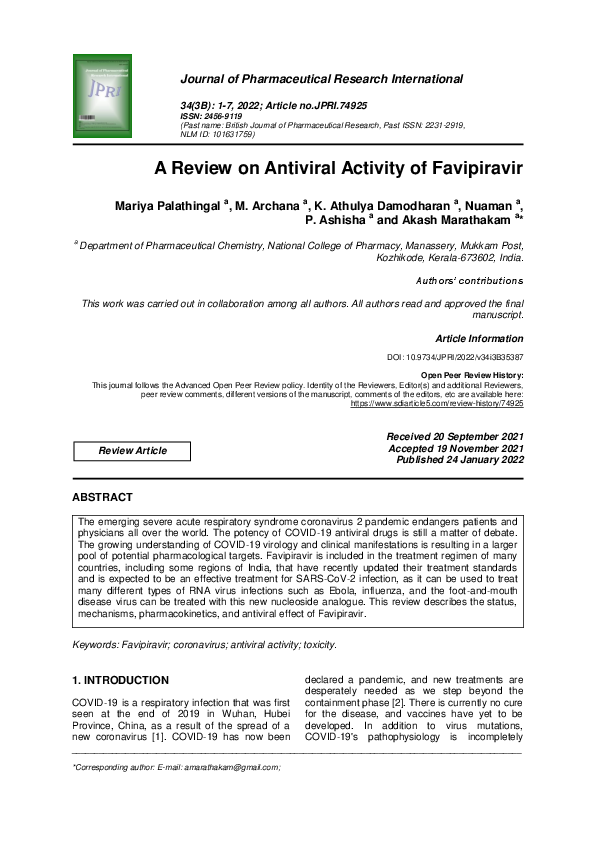 (PDF) A Review on Antiviral Activity of Favipiravir