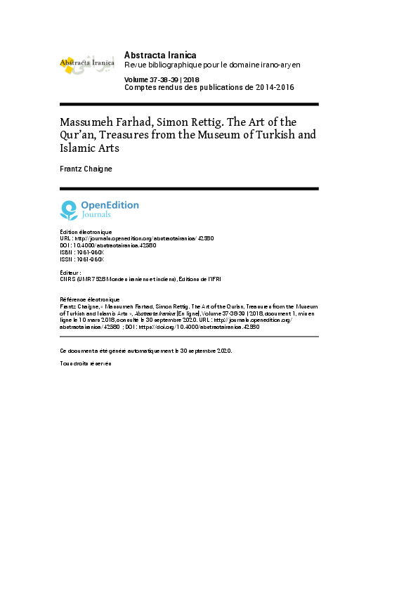 (PDF) Massumeh Farhad, Simon Rettig. The Art of the Qur’an, Treasures ...