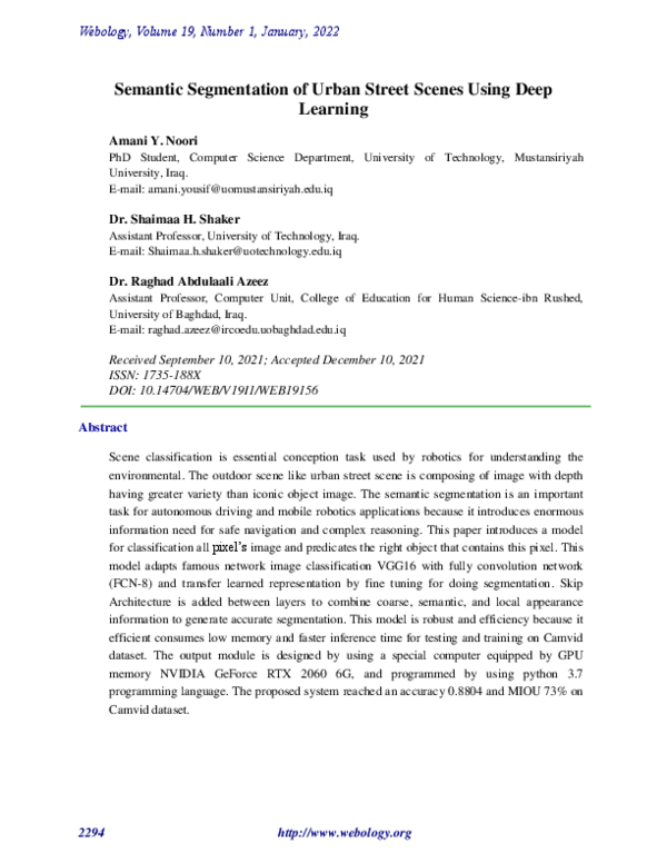 (PDF) Semantic Segmentation of Urban Street Scenes Using Deep Learning