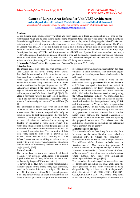 (PDF) Center of Largest Area Defuzzifier Vnit VLSI Architecture