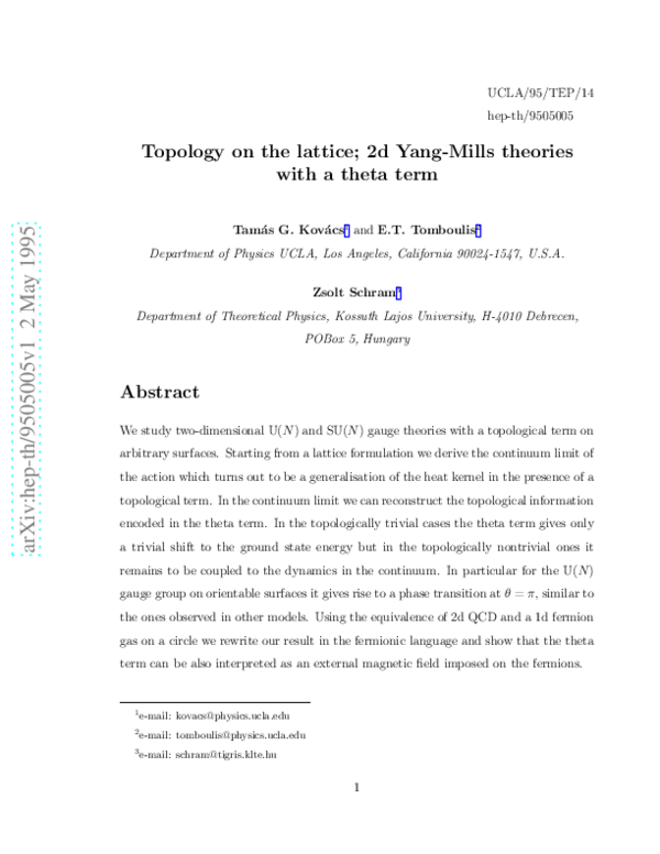 (PDF) Topology on the lattice; 2d Yang-Mills theories with a theta term