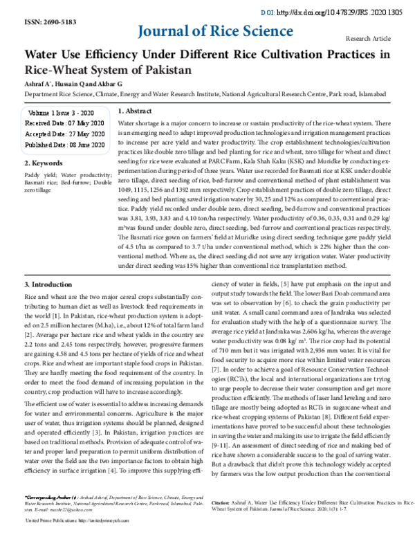 (PDF) Water Use Efficiency Under Different Rice Cultivation Practices ...