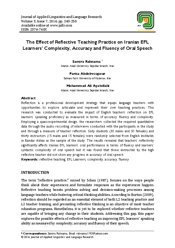 (PDF) The Effect of Reflective Teaching Practice on Iranian EFL ...