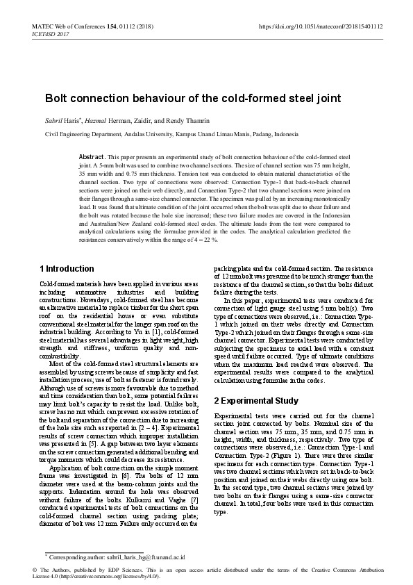 (PDF) Bolt connection behaviour of the cold-formed steel joint
