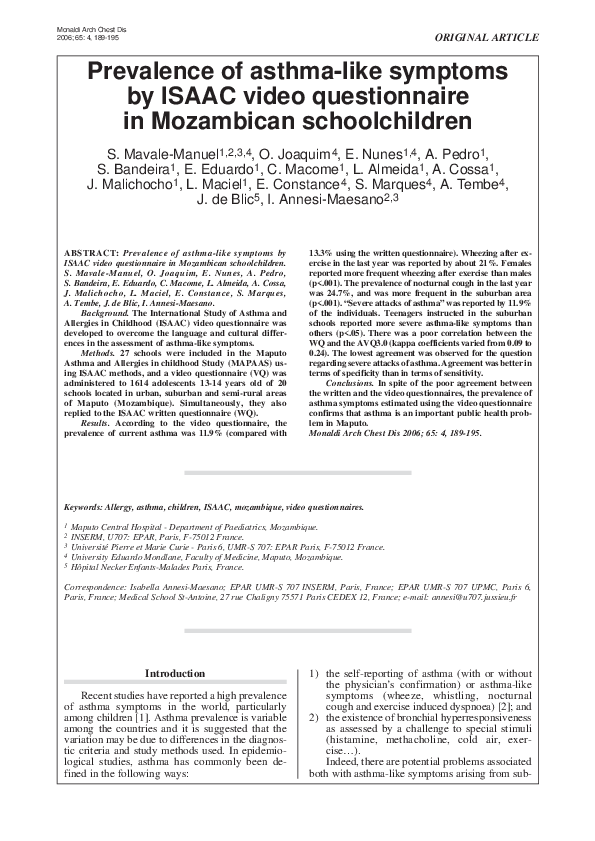 (PDF) Prevalence of asthma-like symptoms by ISAAC video questionnaire ...