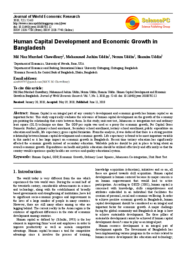 (PDF) Human Capital Development and Economic Growth in Bangladesh