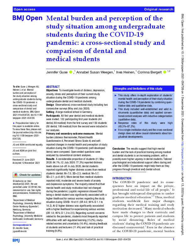 (PDF) Mental burden and perception of the study situation among ...