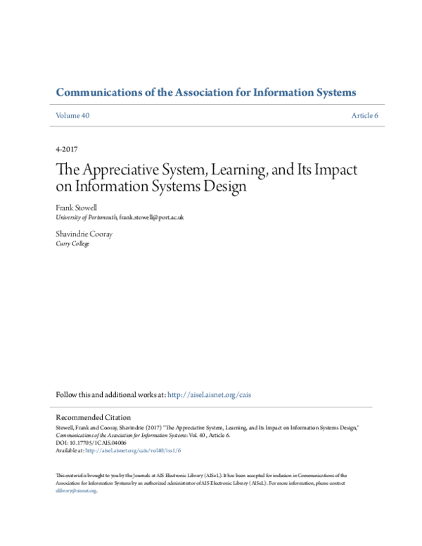 (PDF) The Appreciative System, Learning And Its Impact Upon Is Design