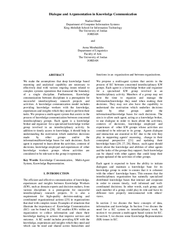 (PDF) Dialogue and Argumentation in Knowledge Communication