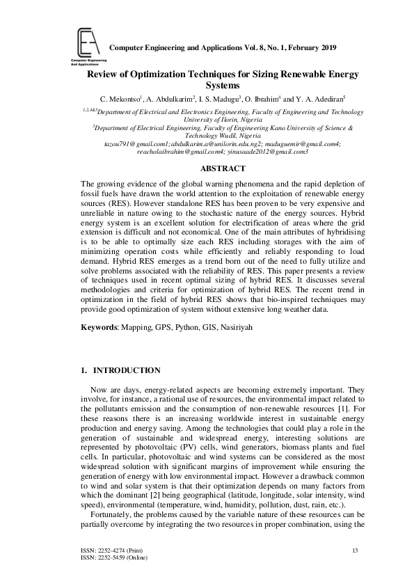 (PDF) Review of Optimization Techniques for Sizing Renewable Energy Systems