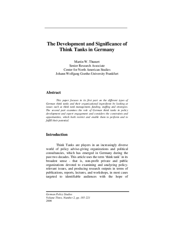 (PDF) The Development and Significance of Think Tanks in Germany