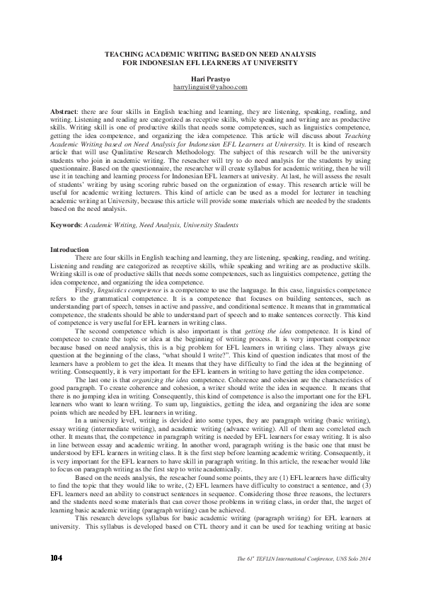 (PDF) Teaching Academic Writing Based on Need Analysisfor Indonesian ...