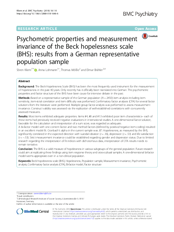 (PDF) Psychometric properties and measurement invariance of the Beck ...