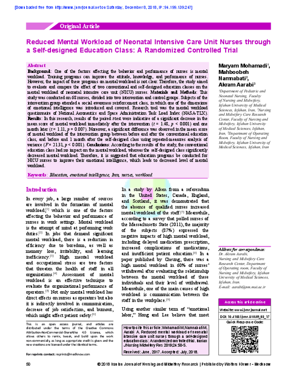 (PDF) Reduced mental workload of neonatal intensive care unit nurses ...