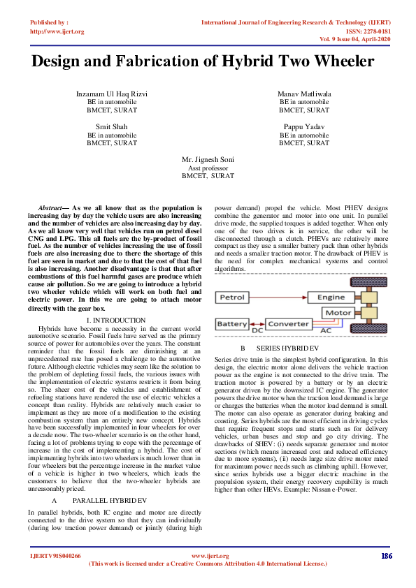(PDF) Design and Fabrication of Hybrid Two Wheeler