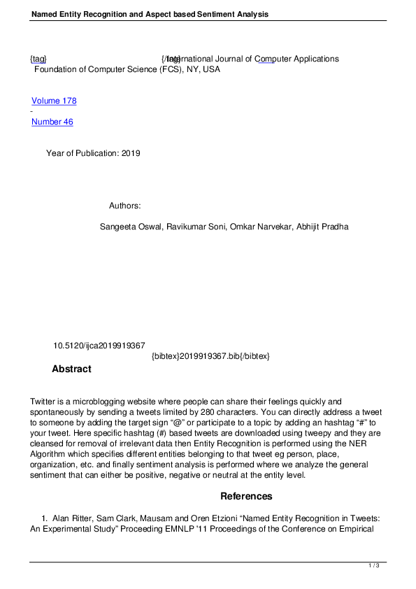(PDF) Named Entity Recognition and Aspect based Sentiment Analysis