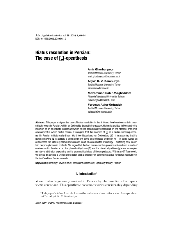 (PDF) Hiatus resolution in Persian: The case of [ɟ]-epenthesis