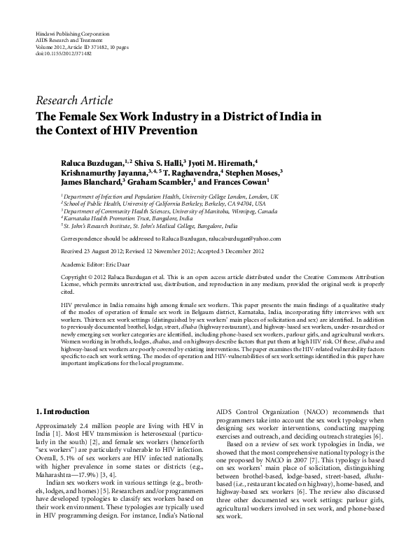 (PDF) The Female Sex Work Industry in a District of India in the ...