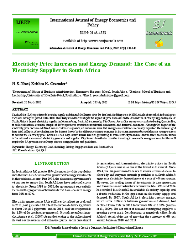 (PDF) Electricity Price Increases and Energy Demand: The Case of an ...