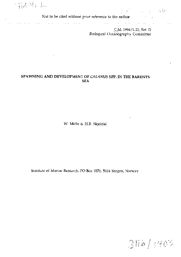 (PDF) Spawning and development of Calanus spp. in the Barents Sea